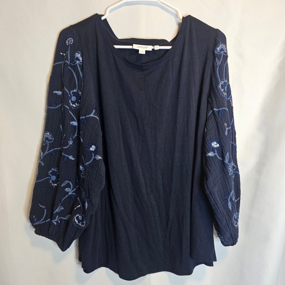 Chico's Embroidered Sleeve Top Navy Blue Floral Blouse Womens Boho XL - Picture 1 of 6